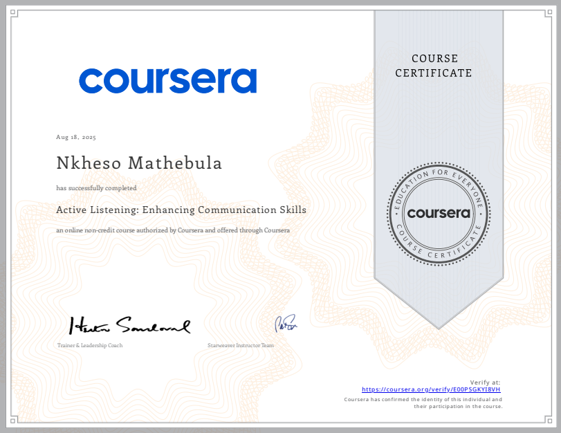 Active Listening: Enhancing Communication Skills Certificate Preview