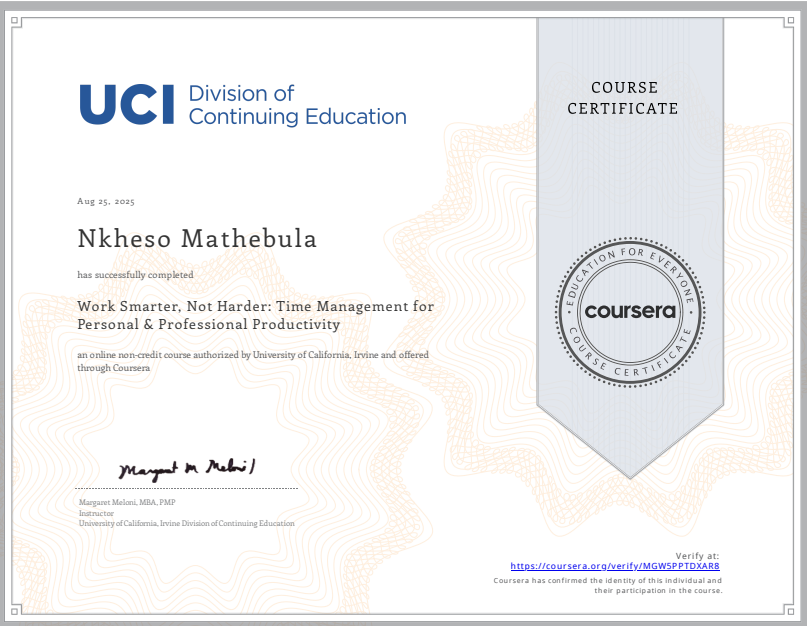 Time Management for Personal & Professional Productivity Certificate Preview