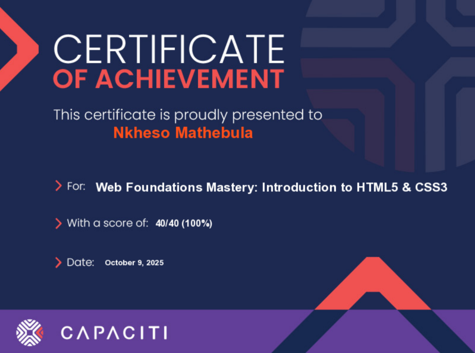 Web Foundation Mastery: Introduction to HTML5 & CSS3 Certificate Preview